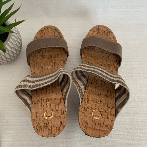 C established 1946 Tan/Stripe Fabric Stride Cork Wedges Slide Sandals Women’s 10 - Picture 8 of 11